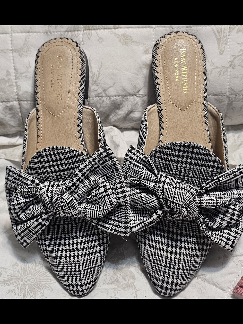 Isaac Mizrahi Pointed Toe Bow Mules - Black & White Plaid